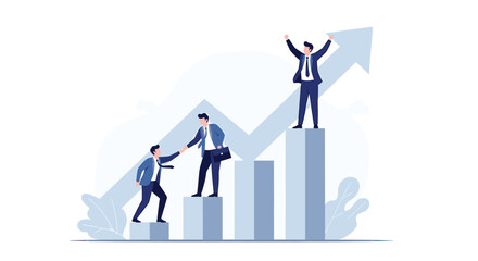 Fototapeta premium Businessmen climbing graph bars with teamwork and success celebration at the top of the chart