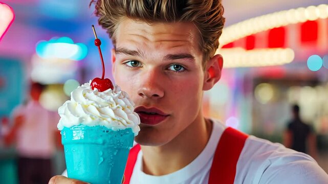 Young man enjoying delicious milkshake in retro diner setting with vibrant lights