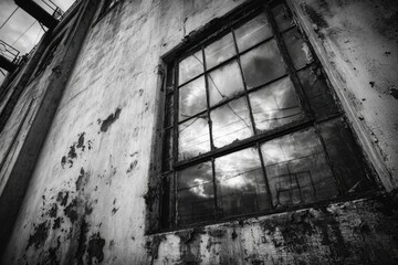 Weathered factory wall with a window reflecting the sky