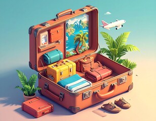 Open vintage suitcase filled with travel items, tropical scenery