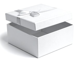 Opened white gift box with silver ribbon and bow