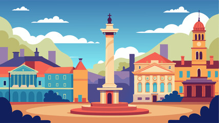 Flanked by elegant Victorian buildings this grand town square boasts a towering marble column memorializing a significant moment in history.