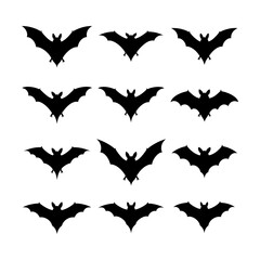 Fototapeta premium Black Silhouette Bat Icons in Flight with Varied Wing Positions, Ideal for Halloween and Wildlife Designs