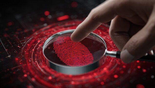 Close-up of a fingertip with a magnifying glass, displaying a red fingerprint