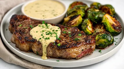 Juicy grilled steak with creamy sauce and roasted brussels sprouts - Powered by Adobe