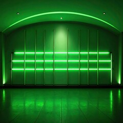 Empty green room with glowing shelves