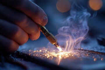 Hand holds a small tool creating a bright spark  smoke on a dark surface
