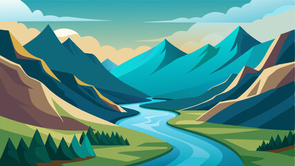 A winding river s through a valley surrounded by towering mountains creating a picturesque scene of natural splendor.