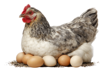 A speckled hen sits contentedly on a clutch of brown and white eggs. background removed