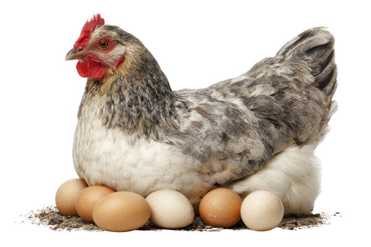 A speckled hen sits contentedly on a clutch of brown and white eggs. background removed