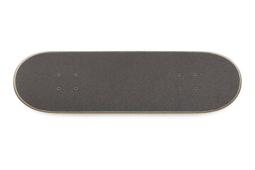 Skateboard deck with black grip tape on transparent background