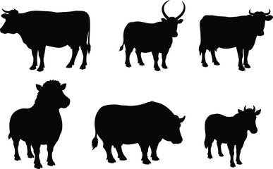 Farm animal silhouettes illustration with cow, bull, yak, goat, and sheep vector design for livestock, agriculture, farming, wildlife artwork collection.
