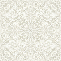 Fototapeta premium Delicate seamless pattern with intricate white lace and ornate symmetrical motifs.