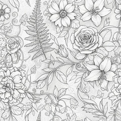 Detailed Floral Garden Coloring Page with Roses Lilies and Ferns.
