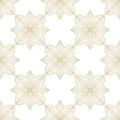 Fototapeta premium Elegant seamless pattern of golden outline flowers on a white background.
