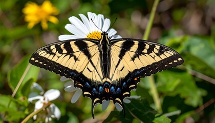 Close-up of a swallowtail butterfly on a daisy