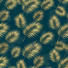 Elegant seamless pattern with golden tropical palm leaves on a dark teal background.