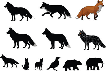 Silhouette and colored vector illustration of fox, cat, bird, bear, and elephant wildlife animals in creative graphic design collection.