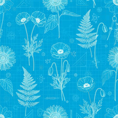 Hand Drawn Floral Blueprint Seamless Pattern on Blue Background.