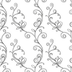 Seamless Black and White Hand Drawn Floral Vine Pattern.