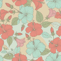 Seamless Vintage Pattern with Hand Drawn Hibiscus Flowers.