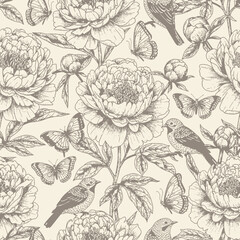Obraz premium Vintage Botanical Seamless Pattern with Peonies Birds and Butterflies.