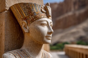 Hatshepsuts stone sculpture stands regally against a desert backdrop detailed headdress  serene gaze define it
