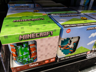 Obraz premium Minecraft Themed Coffee Mugs Displayed in Store