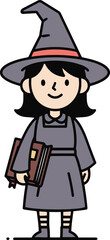 A cheerful pixel art illustration of a young witch in a grey dress and pointed hat, holding a small brown familiar. 