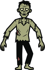 A pixel art illustration of a zombie, featuring a decaying humanoid figure with tattered clothing,