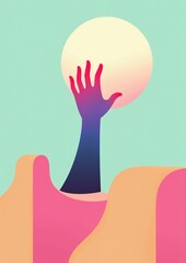 Obraz premium Surreal hand reaches for bright sun over pastel landscape