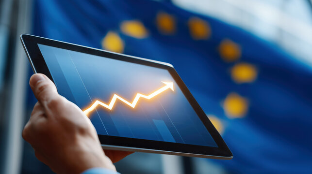 Hand holding tablet with glowing upward financial chart in front of European Union flag