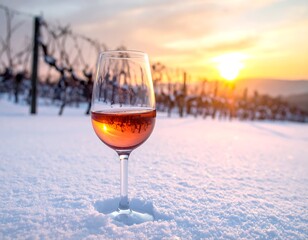 Pink wine glass in snow, vineyard sunset