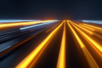 Illuminated lines stretch to vanishing point with blue accents on a dark base