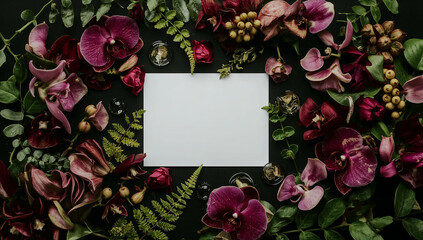 Obraz premium Victorian Conservatory Floral Flat Lay with White Card and Exotic Orchids