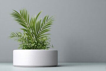 Indoor potted palm in a textured white planter against a gray background