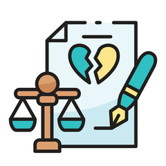 Divorce concept icon with scales broken heart document and pen