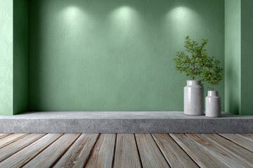 Indoor scene green wall shelf vases with greenery and wooden floor Lit by spotlights