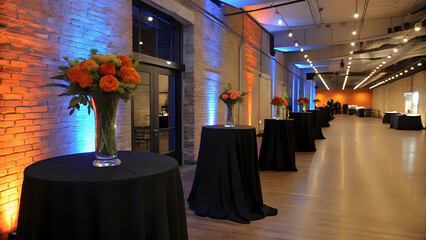 Portrait of elegant event space with stylish tables, floral arrangements, illuminated by vibrant blue, orange lighting, brick wall - modern venue, festive, gathering, party concept
