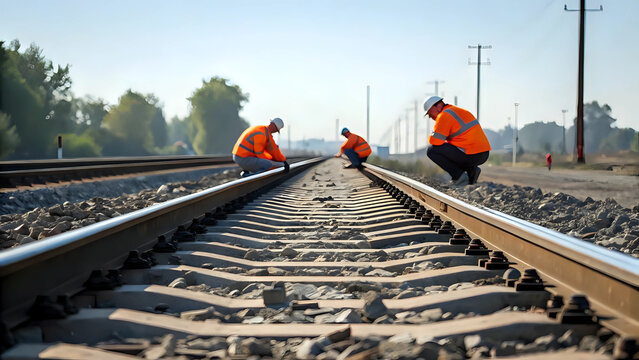 Portrait of men in orange safety jackets and helmets work on tram tracks, bolts, laying rails - railway line reconstruction, steel installation, concrete components for modern transportation concept