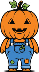 A friendly pixel art illustration of a pumpkin character wearing blue overalls. The pumpkin has a carved jack-o'-lantern face and is depicted in a playful, cartoon style.