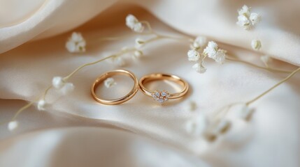 Elegant Wedding Rings on Silk with Baby's Breath