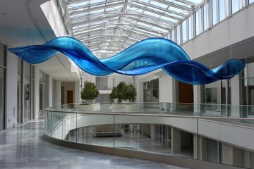 Interior with blue wavy glass sculpture white architecture glass roof potted trees glass railings marble floor