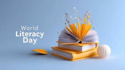 Colorful books celebrating World Literacy Day with vibrant design.
