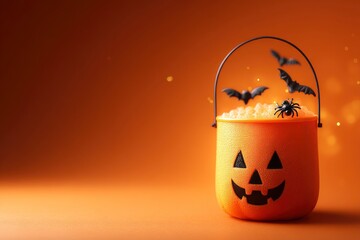 Jackolantern pail filled with candy adorned with bat and spider decorations on an orange background