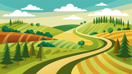 Fototapeta premium A winding dirt road leading through a patchwork of fields and forests.