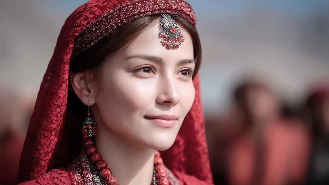 Close-up of Uyghur Woman in Traditional Costume