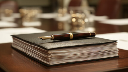 Fototapeta premium Conference table with neatly stacked reports, fountain pen, and luxury leather portfolio