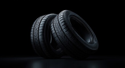 Three black tires on a black surface