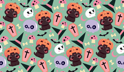 Halloween Seamless Vector Pattern &ndash; Spooky Pumpkins, Ghosts and Haunted Night Background